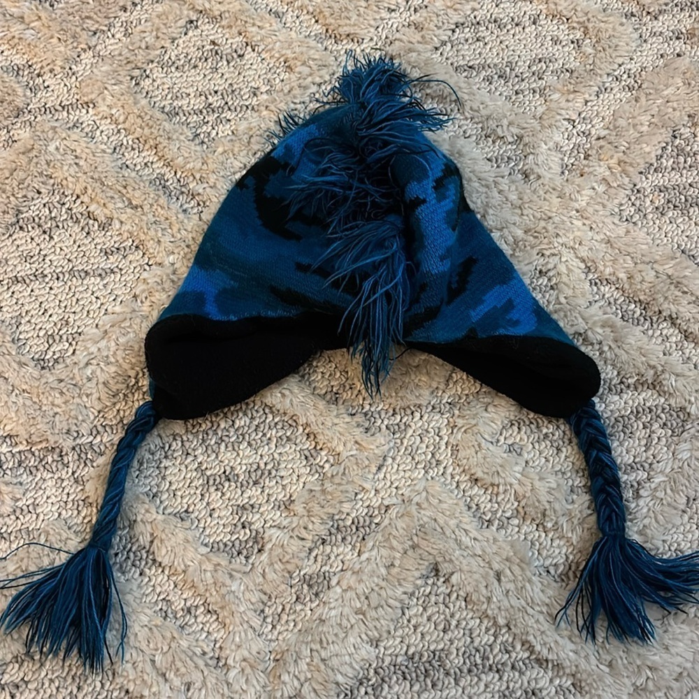 Blue camouflage Mohawk boys winter hat- one size fits most- blue and black